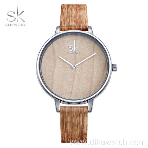 Shengke New Creative Women Watches Casual Fashion Wood Leather Watch Simple Female Quartz Wristwatch Relogio Feminino